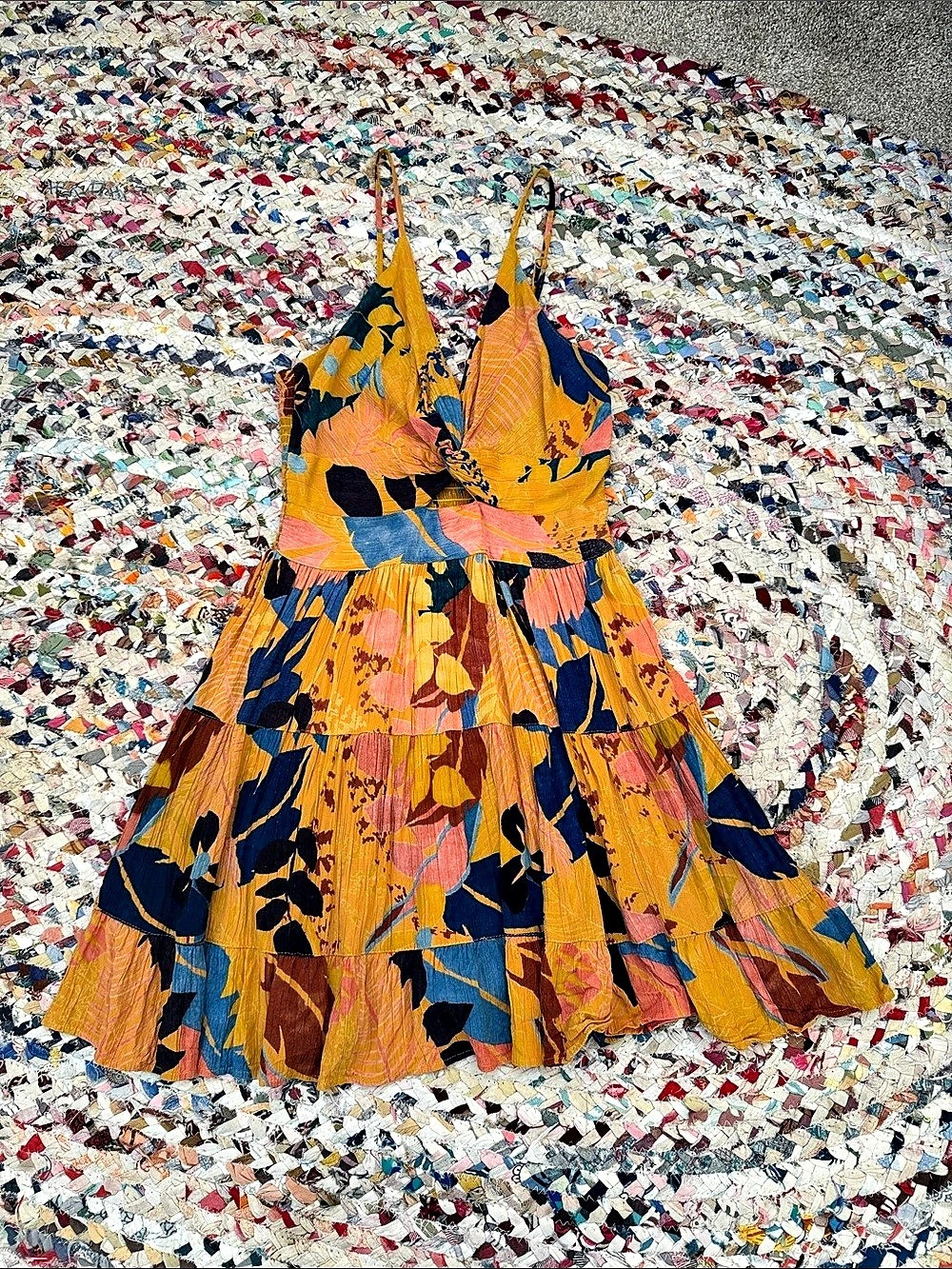 Angie Orange Floral Tiered Mini Dress Size Large Smocked Back